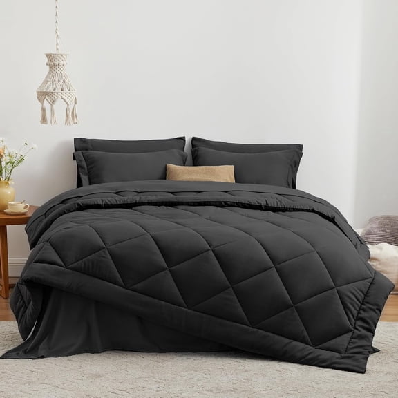 Twin Comforter Set Black, 5 Pieces Twin Bed in a Bag, All Season Bedding Sets with 1 Comforter, 1 Flat Sheet, 1 Fitted Sheet, 1 Pillowcase and 1 Pillow Sham