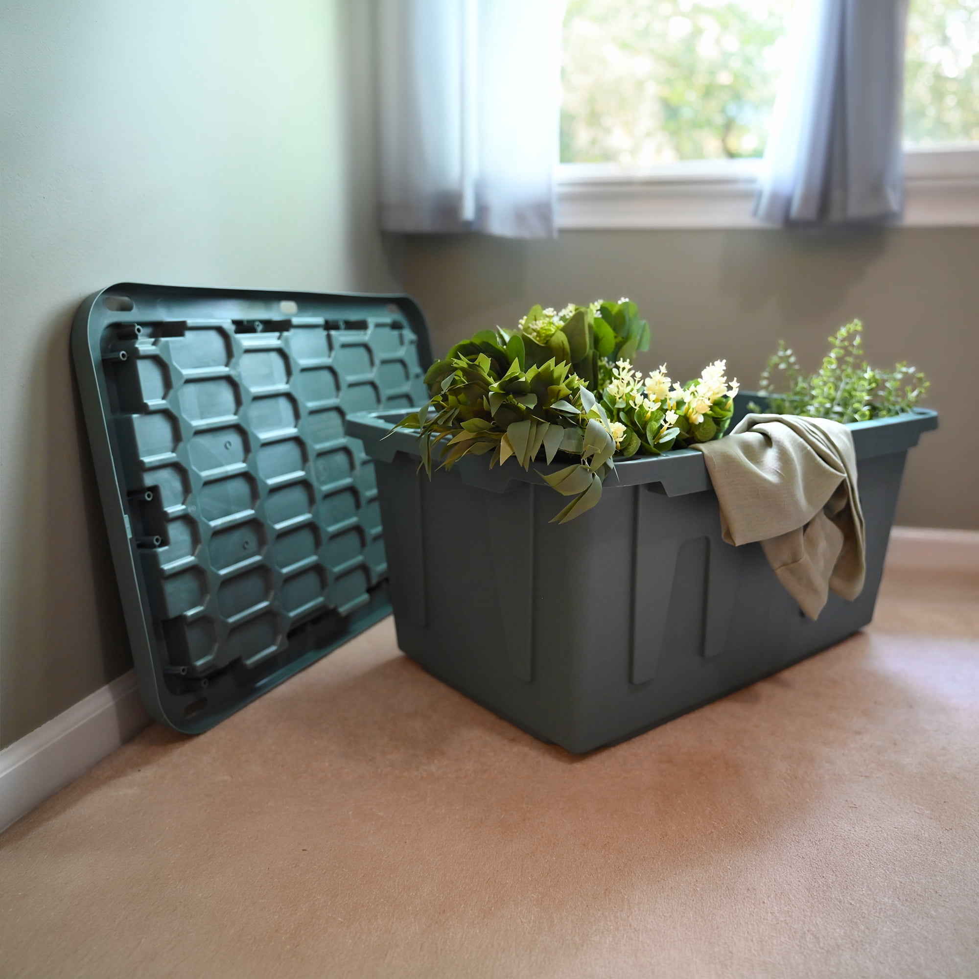 Sort & Style 27 Gallon Large Storage Bin with Snap Lid, Sage Leaf Green, 4 Pack, Heavy Duty Plastic Storage Container