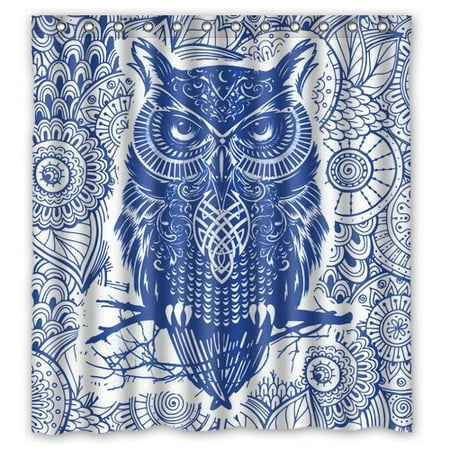 Owl Bath Accessories GreenDecor Blue Owl On The Tree Waterproof Shower Curtain Set with Hooks Bathroom Accessories Size 66x72 inches ()