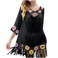 thumbnail image 3 of Tqyyweavej Dresses for Women Vintage Sheer 3/4 Length Sleeve Bathing Suit Coverups Solid Color Crewneck Swimsuit Cover Up with Tassels, 3 of 6