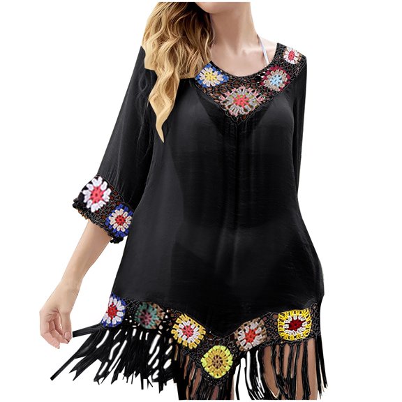 QSAWXQZ Women's Boho Crochet Trim Cover Up Dress Three Quarter Sleeve Crew Neck Hollow Out Tunic Sheer Tassel Fringe Beachwear Black Free Size