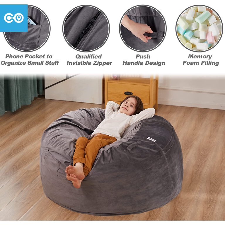 WhatsBedding 3 ft Bean Bag Chair: 3' Memory Foam Bean Bag Chairs for Adults  with Filling, Soft Bean Bag Sofa with Premium Velvet Cover,Bean Bags with