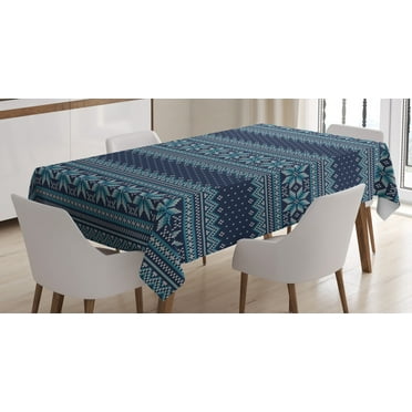 Ambesonne Nordic Tablecloth Rectangular Table Cover, Herringbone Snowflake, 60"x84", Turquoise and Dark Blue