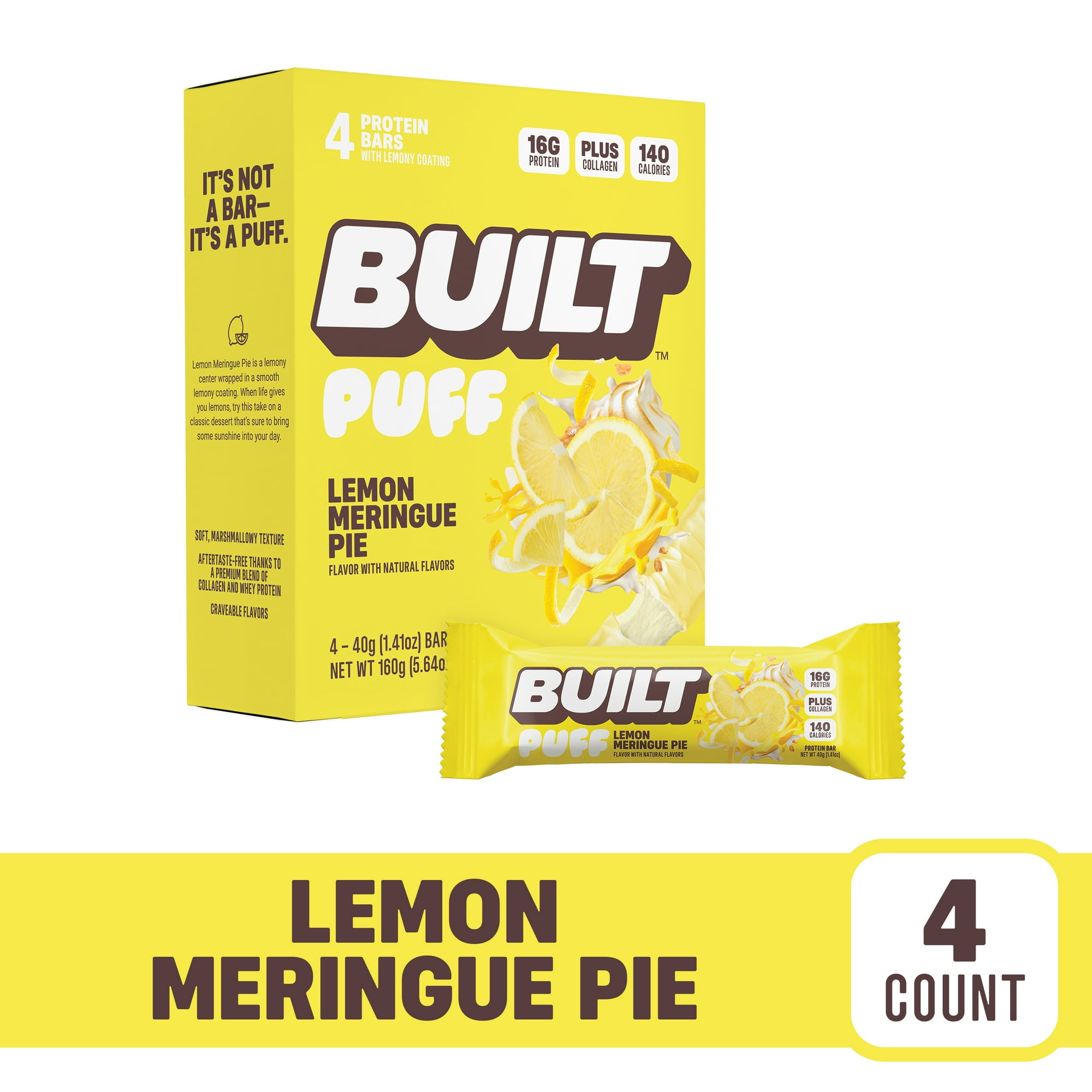 BUILT Bar, Puff Protein Bar, Lemon Meringue Pie, 16g Protein, Collagen, 150 Calories, 4 Count Box, 1.41 oz Bars