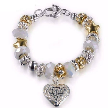 June Birthstone Heart Charm - CLEARANCE - Pearl White Glass Beads With Heart Charm Bracelet white