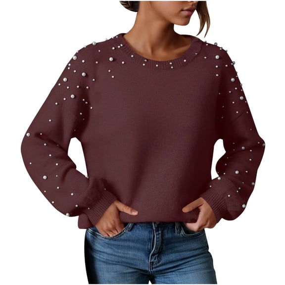 Kilaqueen Sweaters for Women Lantern Sleeve Crew Neck Pearl Beading Knit Pullover Tops Casual Trendy Warm Drop Shoulder Loose Fit Sweater
