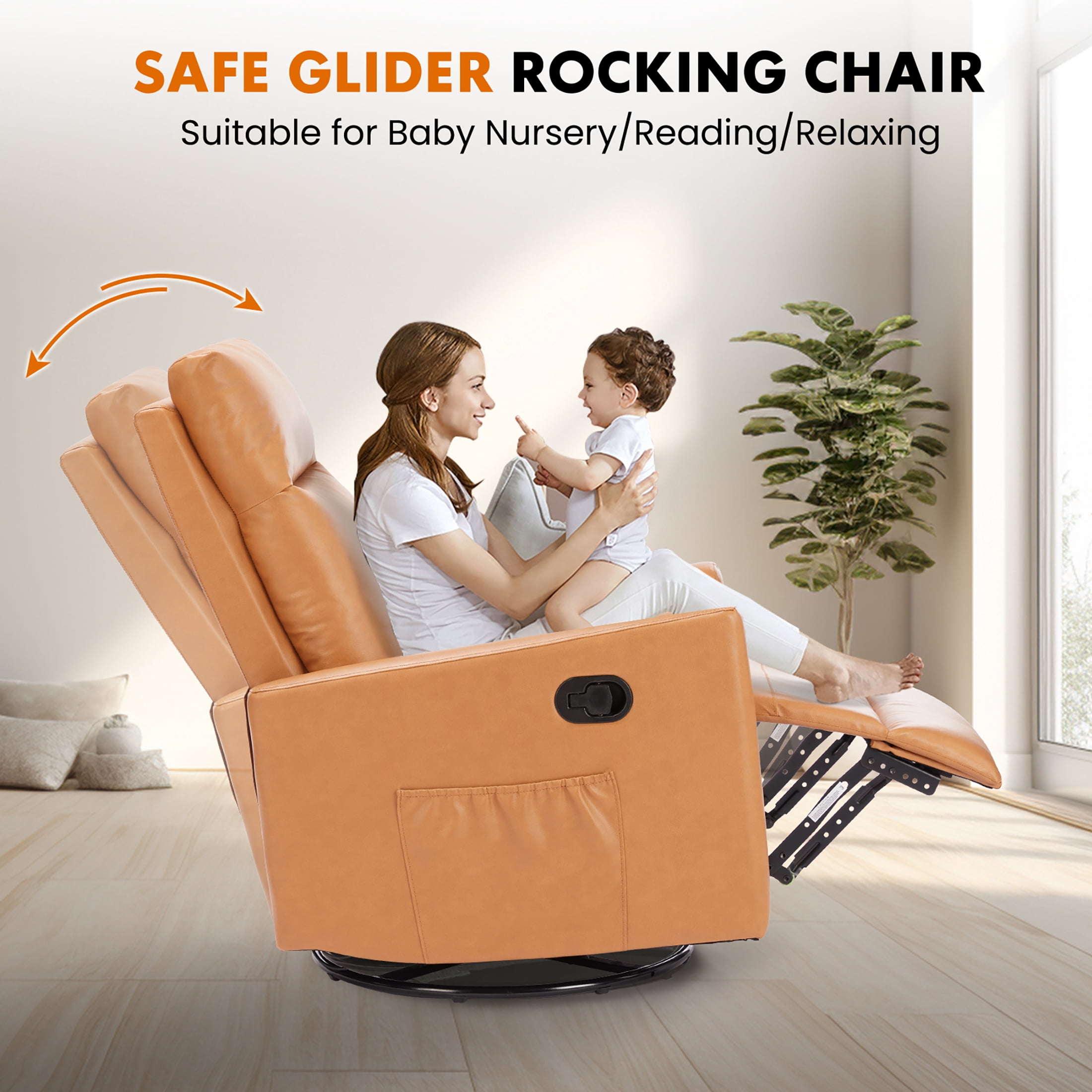 edx Swivel Rocking Chair, Sofa Recliner, Adjustable Baby Sliding Chair with Head Support for Living Room, Bedroom, Brown