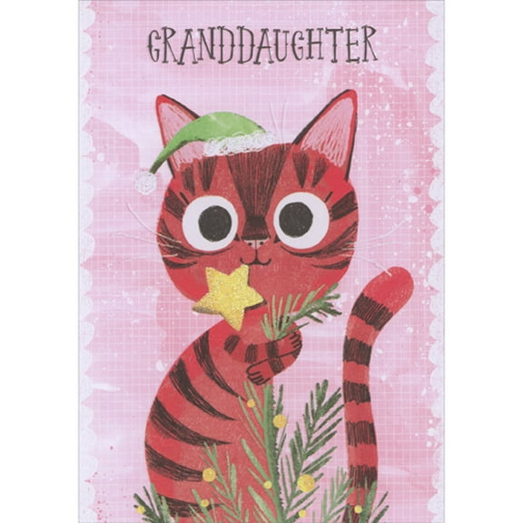 Designer Greetings Orange Cat Holding Top of Tree with Star in Mouth Juvenile Christmas Card for Young Granddaughter