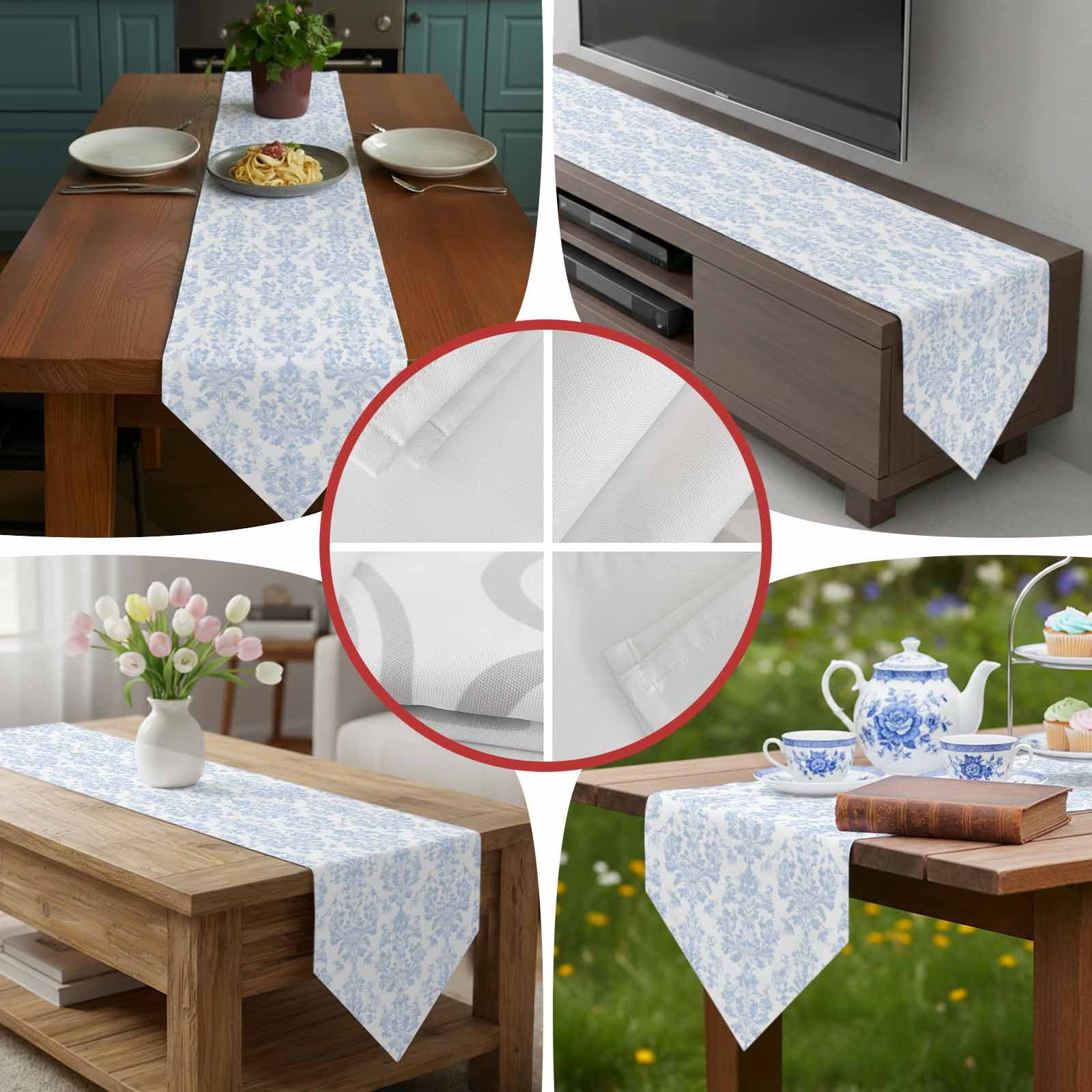 Blue Vintage Wallpaper Table Runner for Dining Room, Medieval Turkish Pattern Cotton Linen Dining Table Runner Tablecloth Dresser Scarves for Kitchen Cafe 13x120 Inches Long