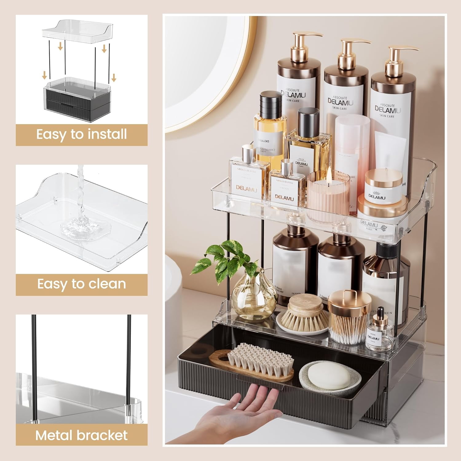 2-tier Vanity Organizer, Delamu Bathroom Countertop Organizer 2 Drawers, Multi-Purpose Makeup Organizer Countertop Cosmetics, Black