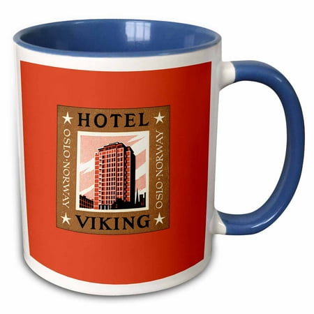 Norway Hotel - 3dRose Hotel Viking Oslo Norway Vintage Luggage Label Reproduction - Two Tone Blue Mug, 11-ounce