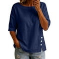 thumbnail image 2 of Womens Tops Elbow Length Sleeve Tshirts for Women Crew Neck Solid Color Button Summer Fall T-Shirts, 2 of 7