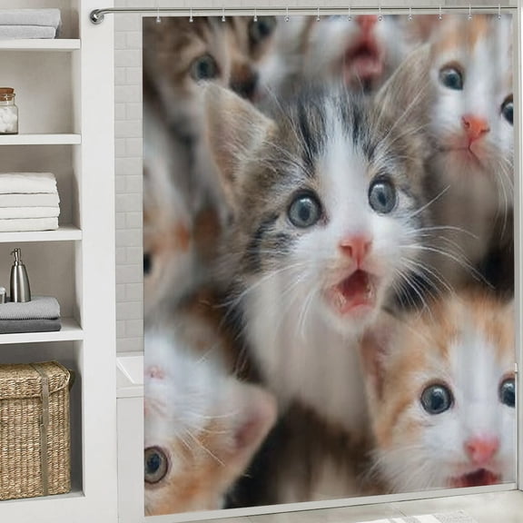 RKSupls Happy New Year Shower Curtain, Animal Kitten Shower Curtain with Hooks for Christmas Home Bathroom Decor Washable Curtains, 72x72 in