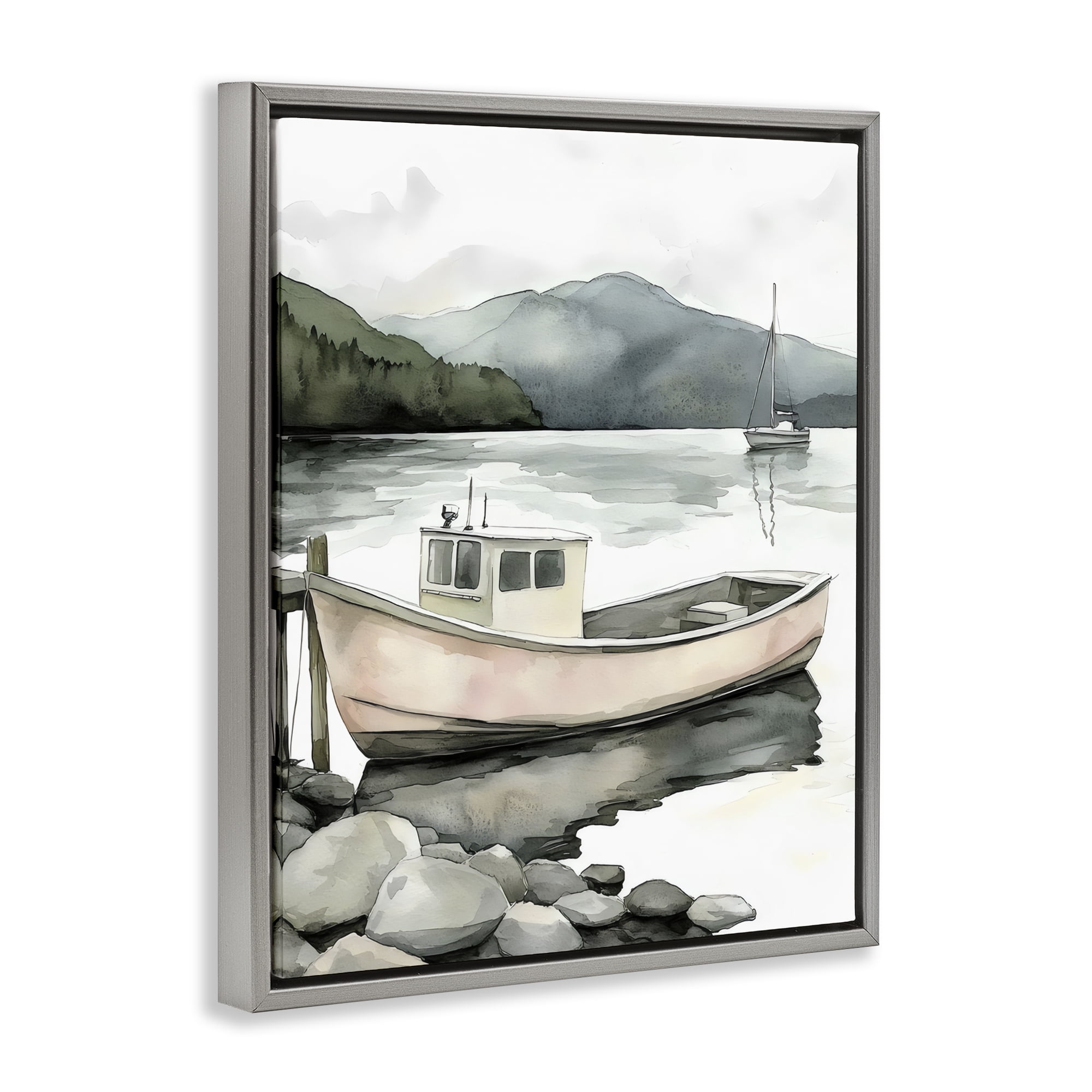 Stupell Industries Coastal Calm Docked Boat Gray Framed Floater Canvas Wall Art, design by Riley B