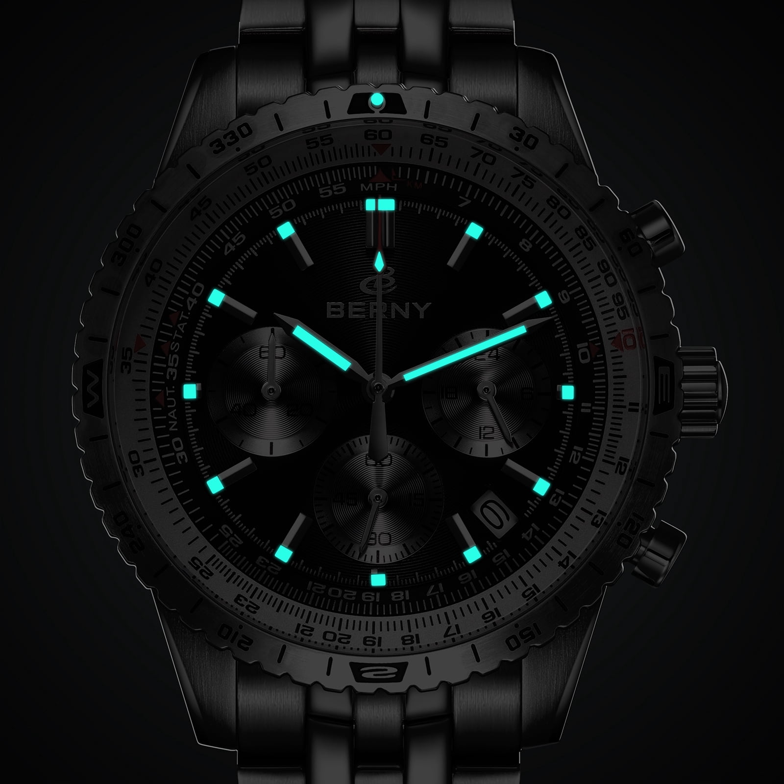 BERNY Silver Chronograph Watches for Men, Sport Luxury Analog Quartz Watch with Tachymeter, Stainless Steel, Waterproof, Luminous, Sapphire Crystal, Date Calender, Men's Wristwatch (Black)