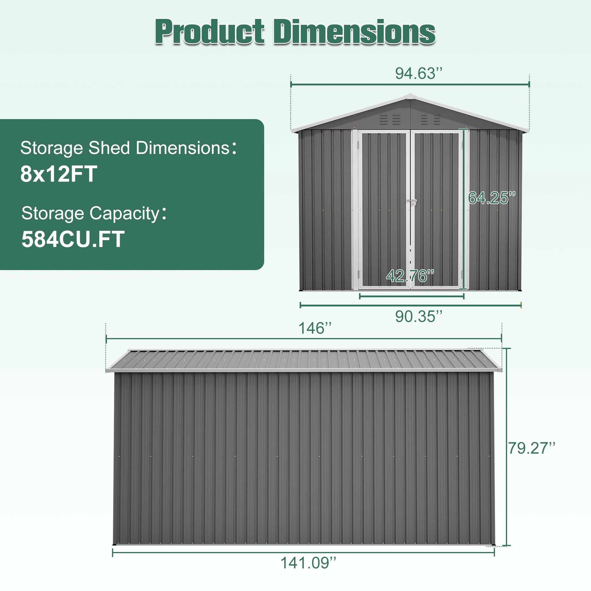 LZBEITEM 8'x12' Outdoor Metal Storage Shed with Floor Frame, Galvanized Steel Garden Shed, Metal Garden Tool Shed with Double Lockable Doors for Backyard Patio Lawn, Gray