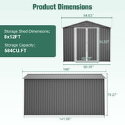 LZBEITEM 8x12 Outdoor Metal Storage Shed with Floor Frame, Galvanized Steel Garden Shed, Metal Garden Tool Shed with Double Lockable Doors for Backyard Patio Lawn, Gray