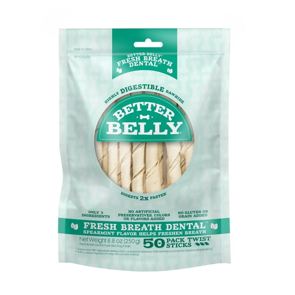 Better Belly Fresh Breath Dental Twist Sticks, Highly Digestible Rawhide Dental Chews, 50 Count