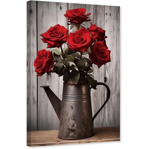 ZHONGYUTONG Rose Canvas Wall Art Farmhouse Flower Pictures Rustic Floral Vase Painting Vintage Wood Artwork for Home Decor Framed (12.00" x 18.00")