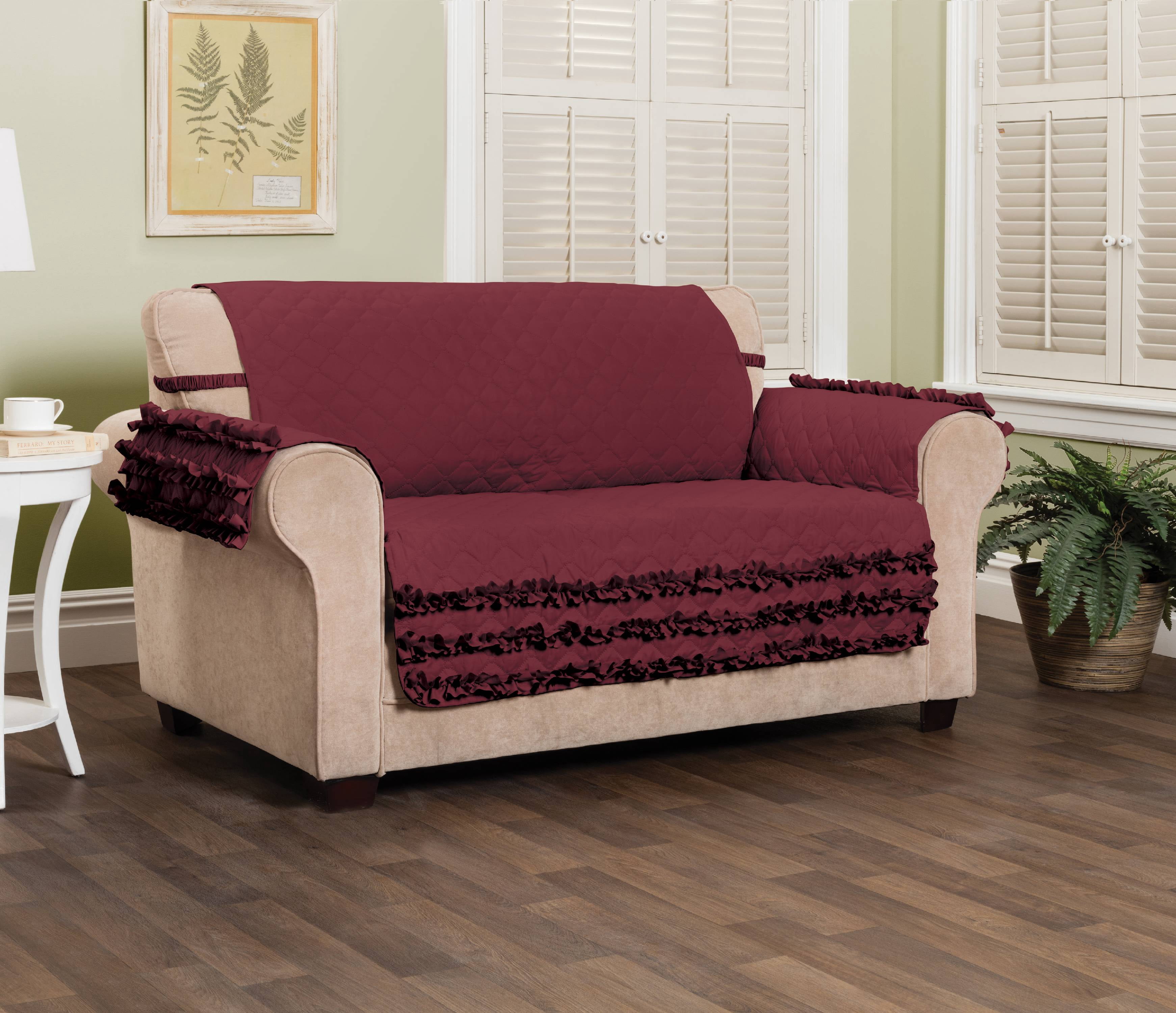 Innovative Textile Solutions 1-Piece Claremont Ruffled Loveseat Furniture Cover, Burgundy
