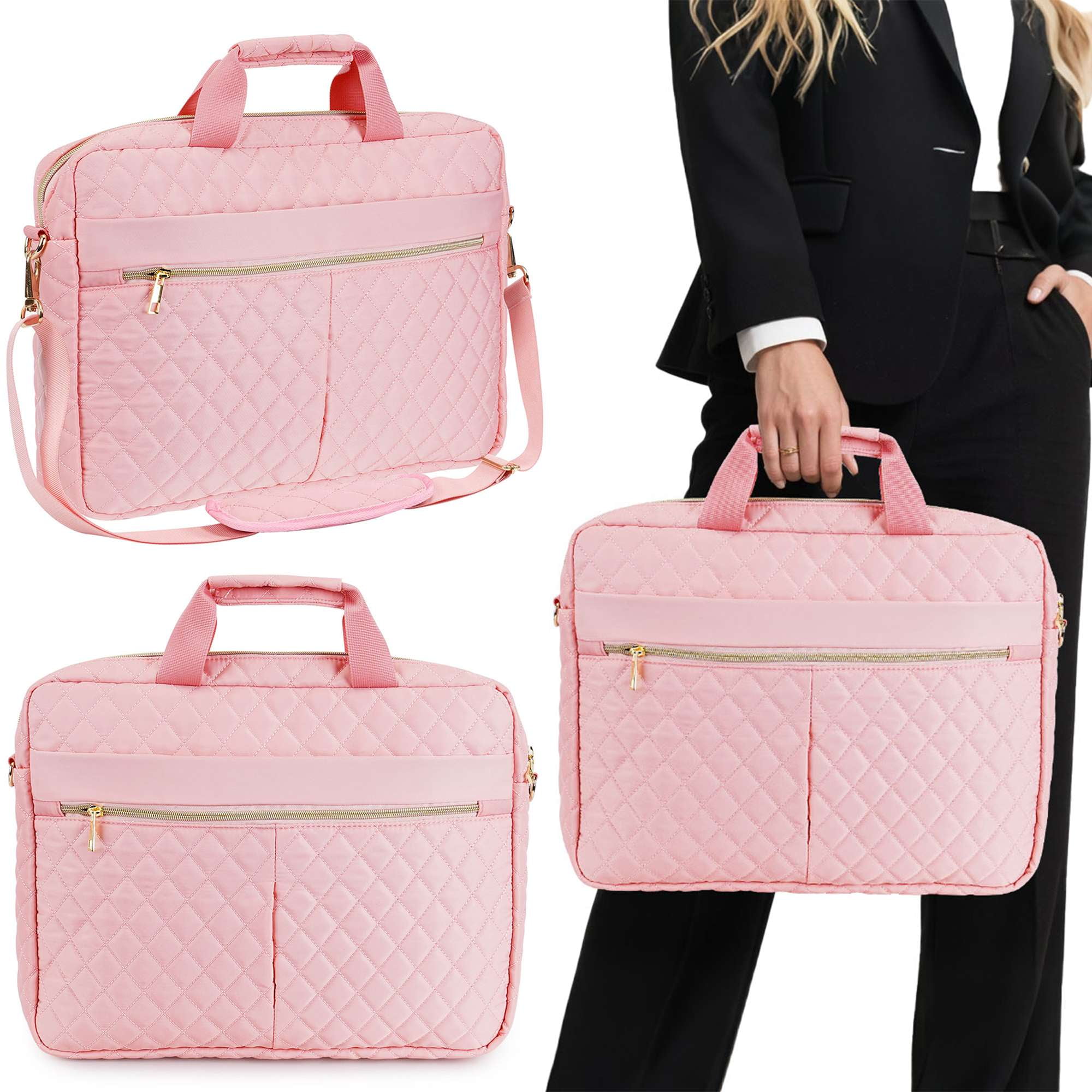 Gustave 15.6 inch Laptop Bag for Women Men Quilted Computer Briefcase Messenger Bags Large Laptop Case Handbag with Shoulder Strap for Work Office Business Travel - Pink