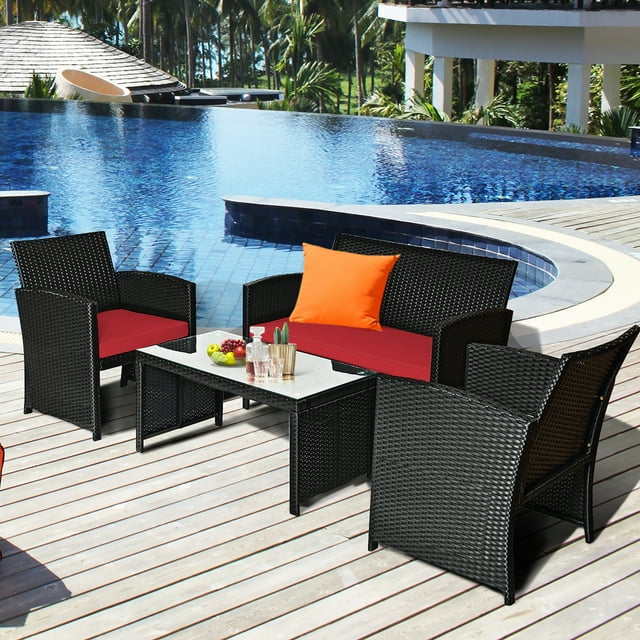 Costway Ensemble de Conversation en Rotin pour Patio 4 Pcs Coussin Canapé Table Jardin Rouge