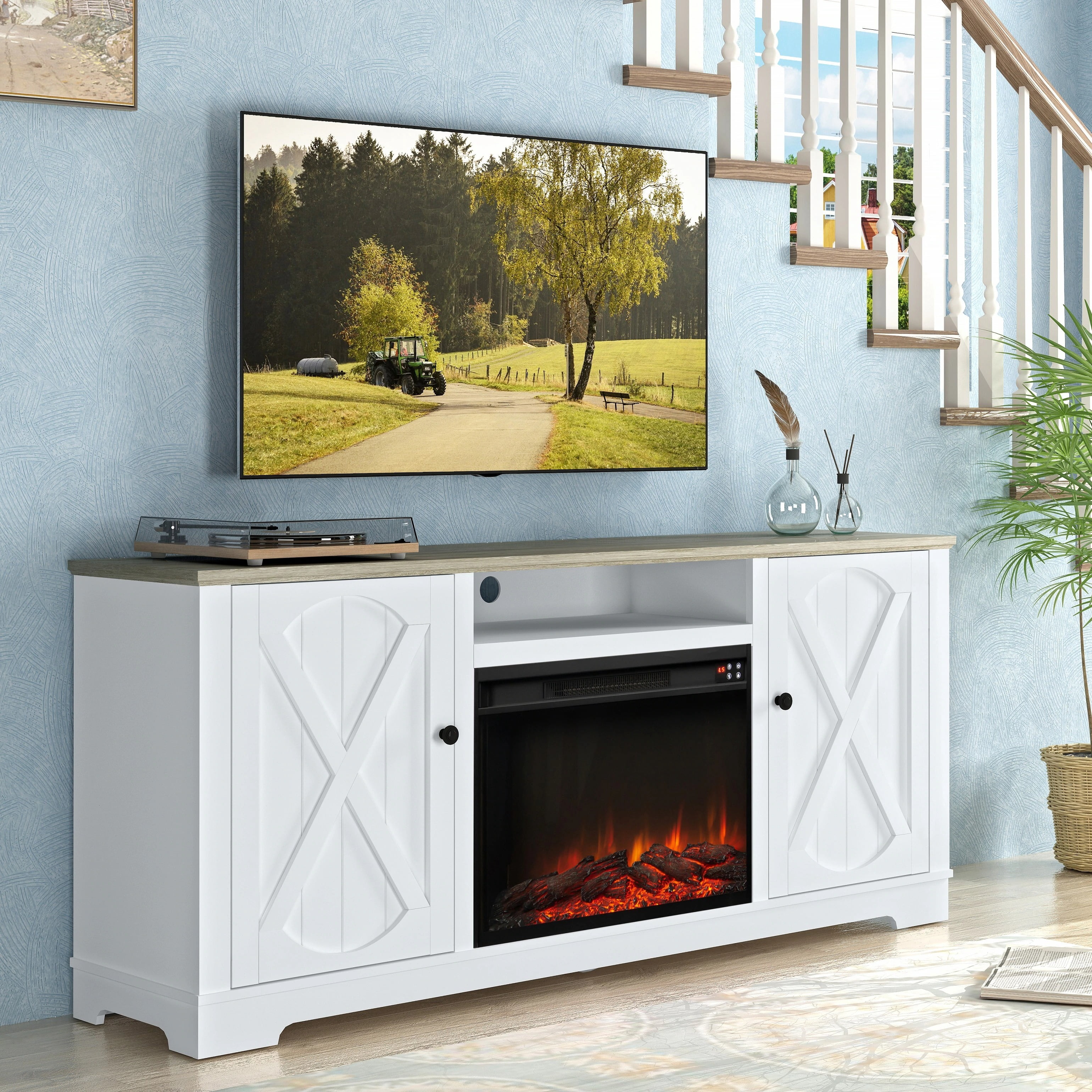 70" Farmhouse TV Stand with 26" Electric Fireplace,Heats 400 Sq Ft,White