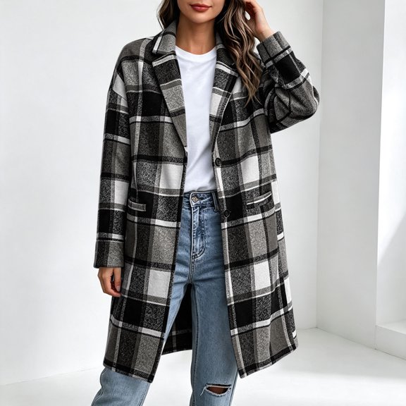 Karymi Loose Mid‑Length Plaid Wool‑Blend Jackets for Women, Notched Lapel Button‑Up Long Sleeve Woolen Overcoat with Pockets