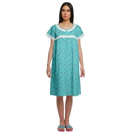 

Moomaya Printed Cotton Short Sleeve Nightwear Womens Lace Neckline Nightdress