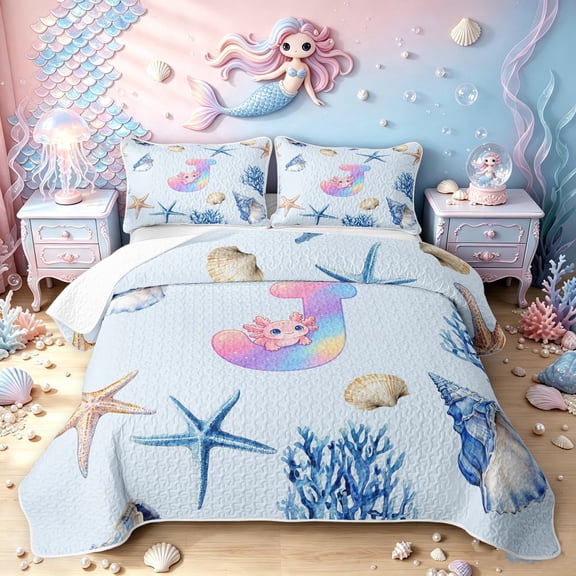 meiyoeat Rainbow Monogrammed J Twin Quilt Set for Girls, Cute Blue Ocean Axolotl Twin Coverlet Set, 2pcs, 1 Comforter and 1 Pillowcase