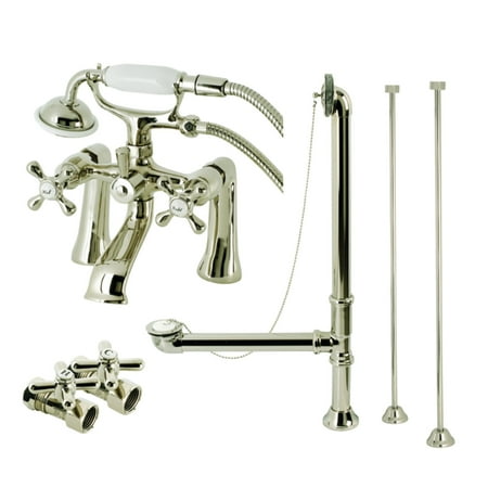Kingston Brass CCK268PN Vintage Deck Mount Clawfoot Tub Faucet Package with Supply Line, Hand Shower and Tub Drain, Polished Nickel
