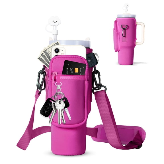 Cysiyu Water Bottle Carrier Bag with Phone Pocket for Stanley 44oz Tumbler Neoprene Water Bottle Holder Pouch with Adjustable Strap Bollus with Straw Cover & Carabiner for Stanley Cup Accessories