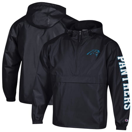 Men s Champion Black Carolina Panthers Packable Hooded Windbreaker Half-Zip Jacket