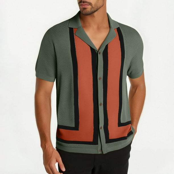 Blusa y camisa de manga corta con cuello vuelto Camisa de punto a rayas de verano para hombre con cuello en contraste y camisa hueca de manga corta Camiseta/camisa de manga corta con cuello vuelto Top