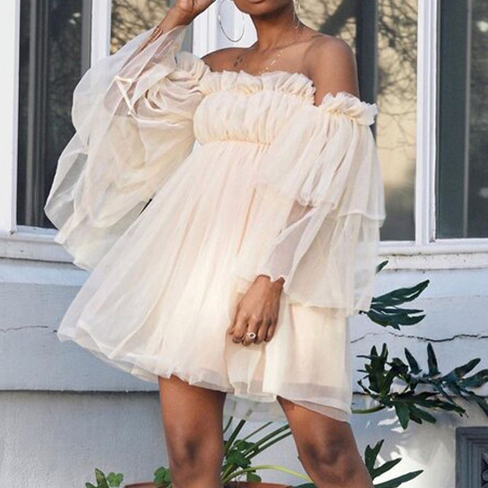 uublik Women's Romantic Off Shoulder Flounce Long Sleeve Wedding Ruffle Mesh  Party Mini Dress - Walmart.com