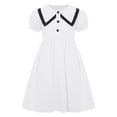 thumbnail image 3 of TSSOE Kids Girls School Uniform Dress Contrasting Trim Collar Puff Sleeve Button Down Summer Casual T-Shirt Dress White 13-14, 3 of 7