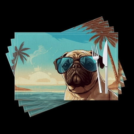 

BaHomeck placemats Set of 4 Pug Wearing Sunglasses Against The Backdrop Of Palm Trees Cotton Linen rectangle Placemats for Kitchen Dining Table Indoor Outdoor 18*12inch