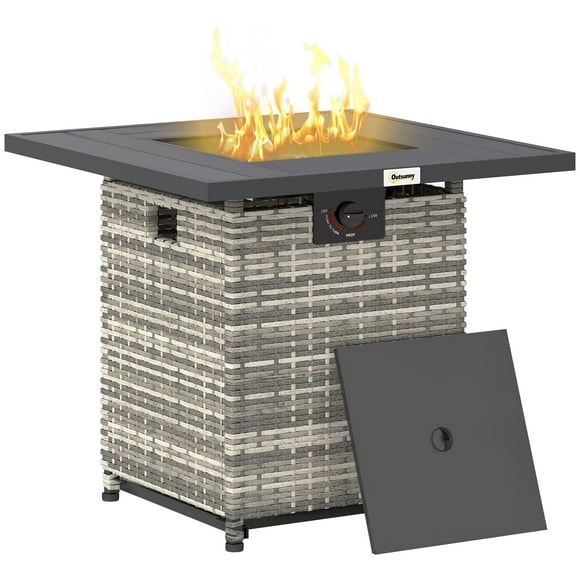 Outsunny Propane Fire Pit Table, Rattan Gas Fire Pit Table, Mixed Grey