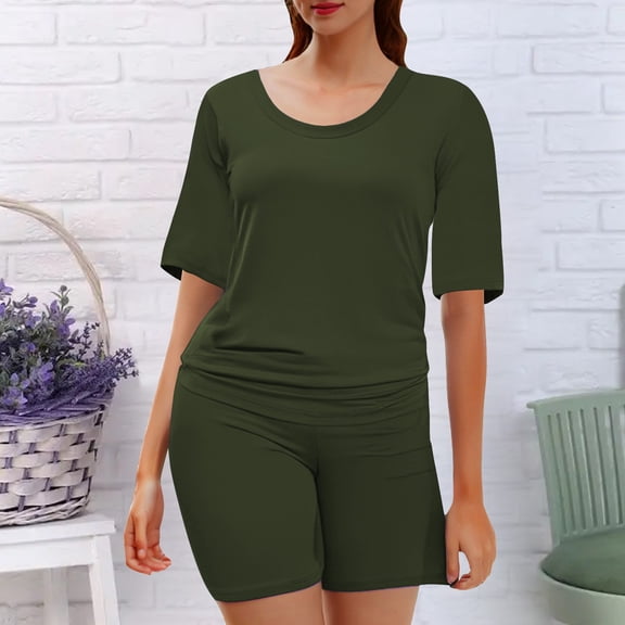 Green Women's Short Sleeve T-shirt, Two Outfits For Women Short Sleeve Casual Biker Shorts Set,Women's Short sleeve T-shirt XXL