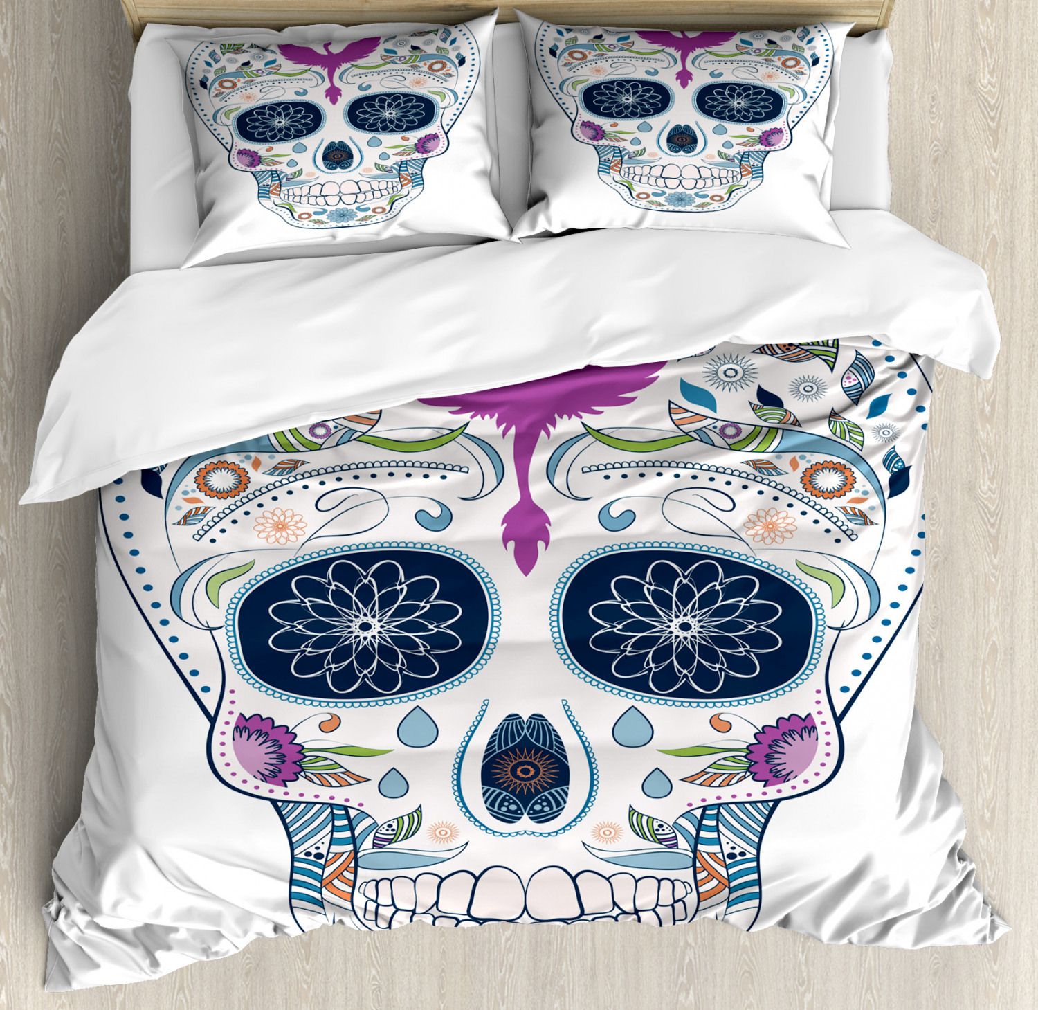 Sugar Skull Queen Size Duvet Cover Set, Traditional Mexican Skull