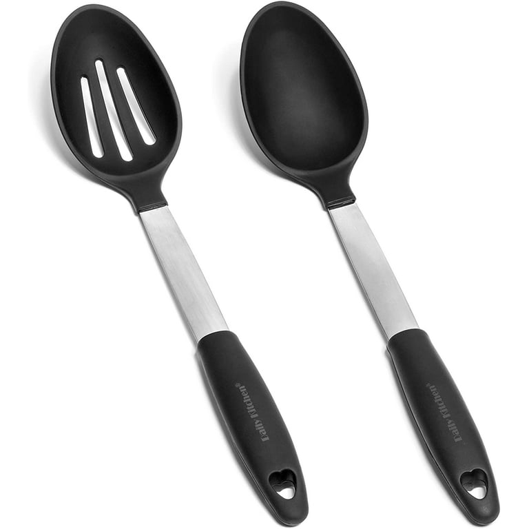 Daily Kitchen Cooking Spoons Set Heat Resistant Silicone and Stainless Steel Metal - Best Serving Spoon with Rubber Grip - Flexible Silicone Spoon for