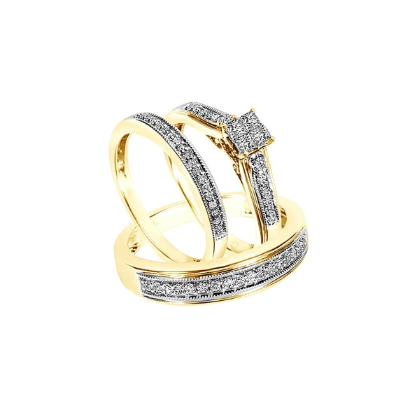 AFFY White Natural Diamond Wedding & Engagement Trio Band Ring Set In 10k Yellow Gold (0.5 Cttw)