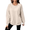 thumbnail image 3 of Hearthz Womens Fleece Sweatshirt Solid Color Drop Shoulder Long Sleeve Crewneck Sweatshirts Women Fall Winter Athletic Workout Pullover Top Khaki M, 3 of 6