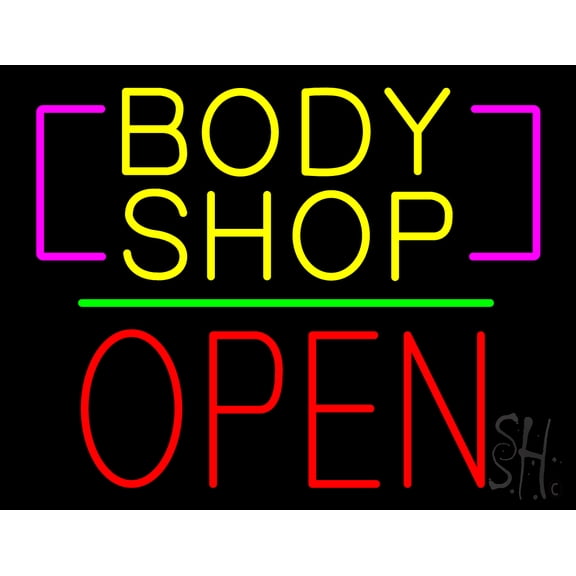 Body Shop Open Block Green Line LED Neon Sign 15 x 19 - inches, Clear Edge Cut Acrylic Backing, with Dimmer - Bright and Premium built indoor LED Neon Sign for automotive store, and mall.