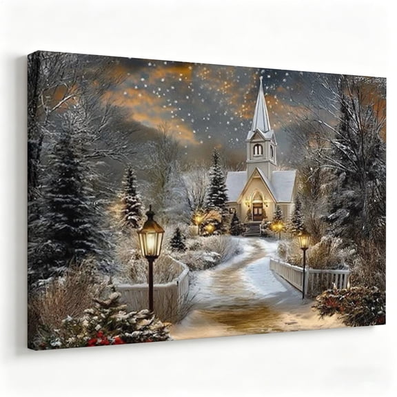 Winter Wonderland Snowy Church Canvas Wall Art Village Landscape Painting Christmas Holiday Poster Living Room Decor Print Ready to Hang 8*12