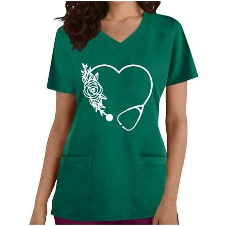 

Womens Scrubs Tops Heartbeat Graphic Printed Short Sleeve V-Neck Nurse Uniforms Soft Stretch Revolution Holiday Scrubs with Pockets