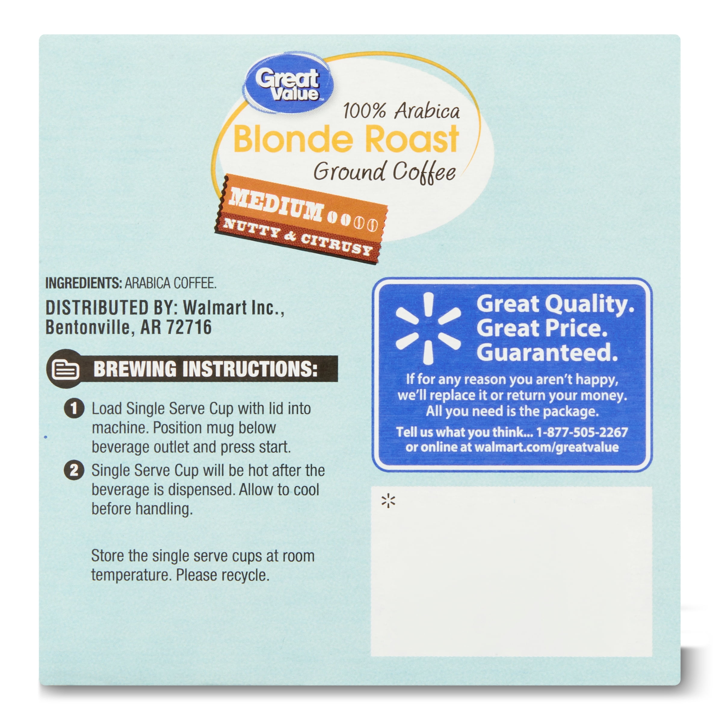Great Value 100% Arabica Blonde Medium Roast Ground Coffee Pods, 12 Ct