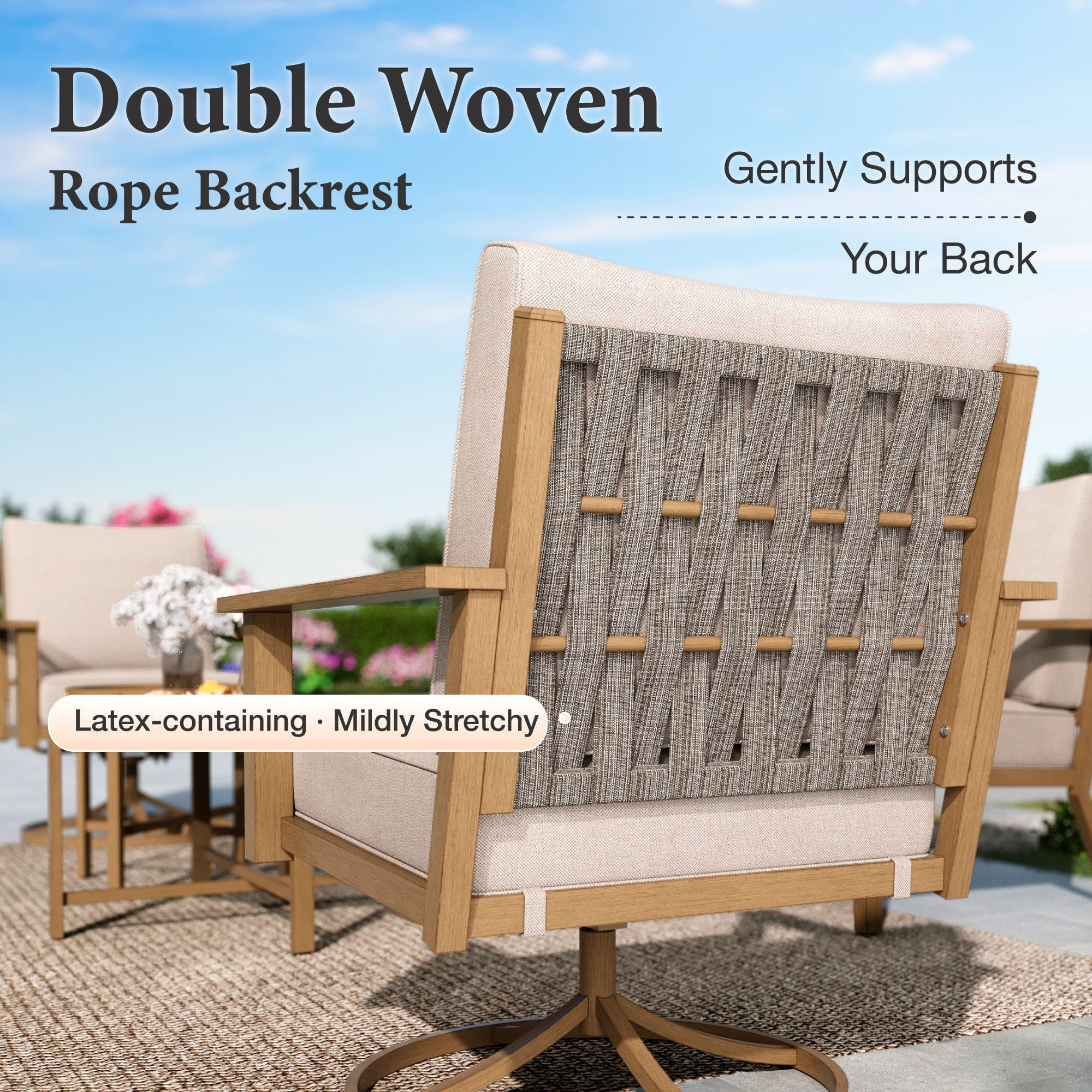 Summit Living 5-Piece Woven Rope Outdoor Patio Furniture Set with Swivel Chairs & 2 Round Nesting Coffee Table, Wood-Grain Metal Outdoor Patio Conversation Set for 5 People, Beige