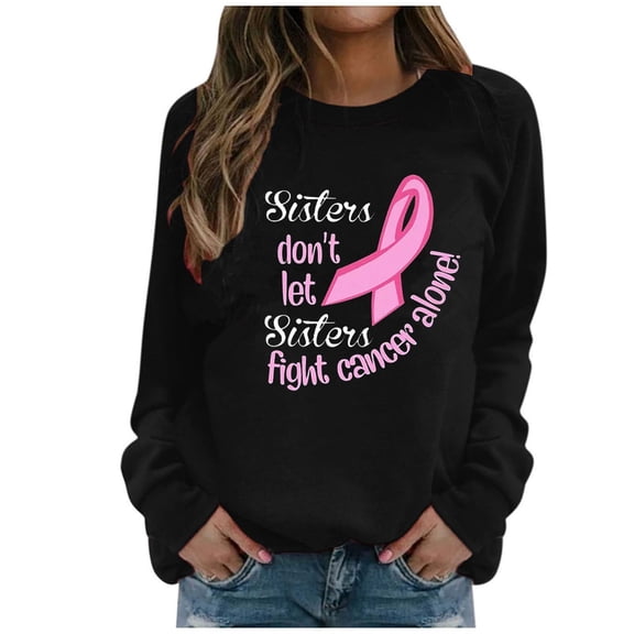 WREESH Women's Graphic Letter Pink Ribbon Sweatshirt Long Sleeve Breast Cancer Awareness Top Black