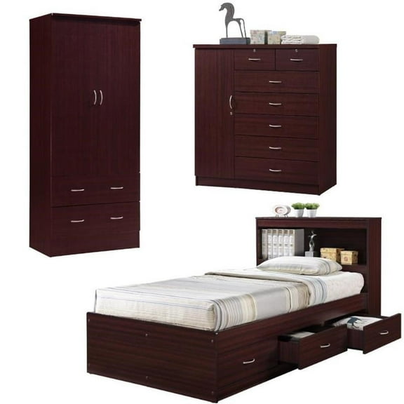 Home Square 3 Piece Set with Captain Bed Armoire and 7 Drawer Chest in Mahogany